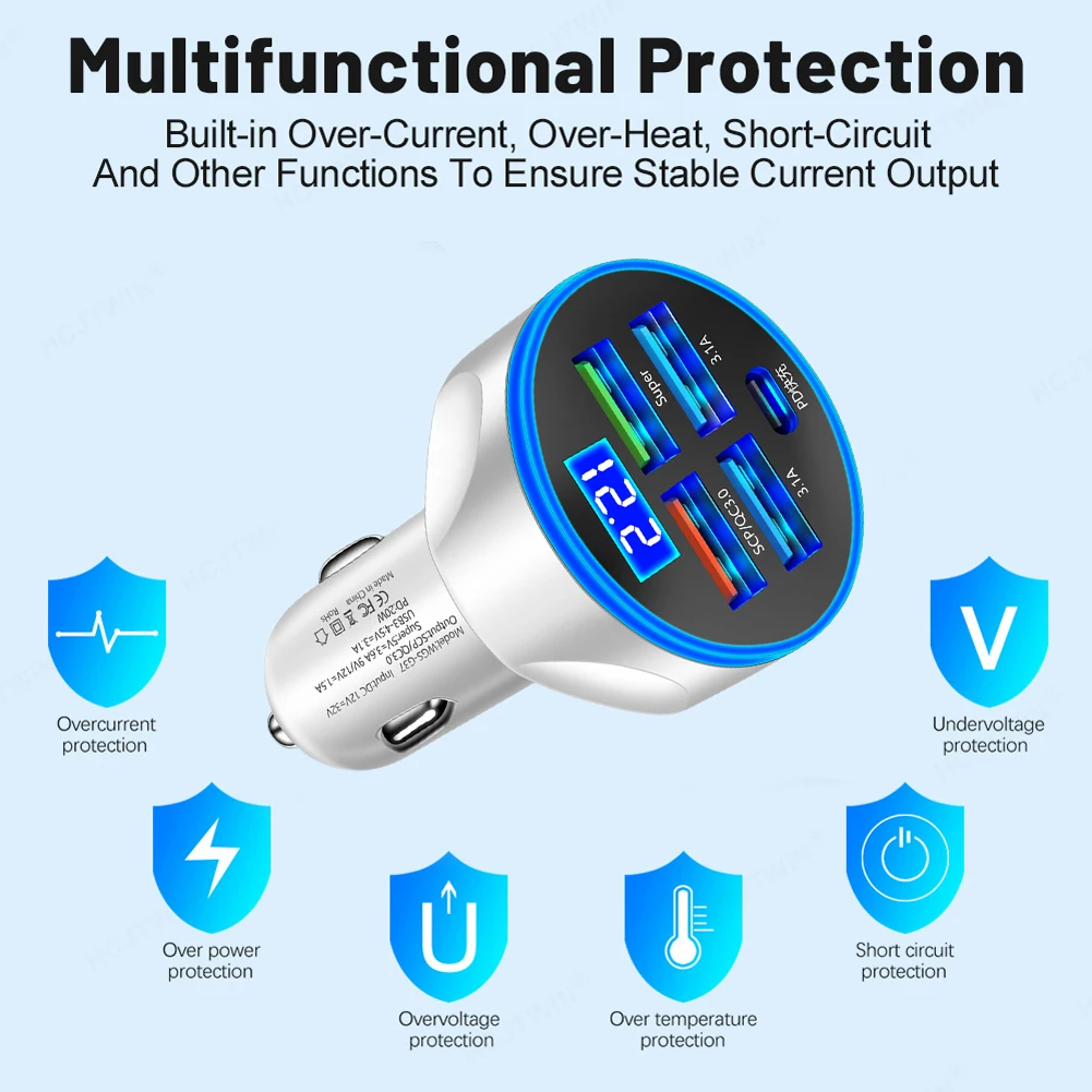 250W 5 Port Car Charger Super Fast Charging PD QC3.0 USB C Car Phone Charger Type C Adapter In Car For IPhone Huawei Realme OPPO