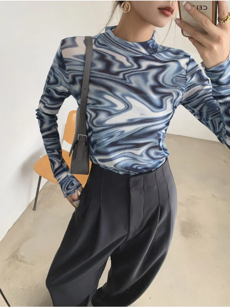 

Tie Dye Blue Mesh Top Long Sleeve T Shirt Women Turtleneck See Through Tshirt Designer Y2k Fashion 2024 Autumn 90s Aesthetic