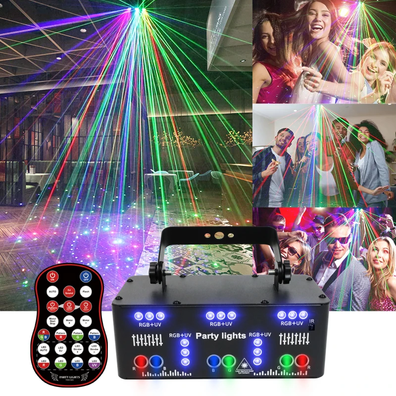 Projektor laserowy LED z 21 otworami, generujący wzory świetlne RGB i UV, sterowany za pomocą DMX512, reagujący na dźwięk, idealny jako oświetlenie sceniczne na imprezy, do klubów, barów, dyskotek,