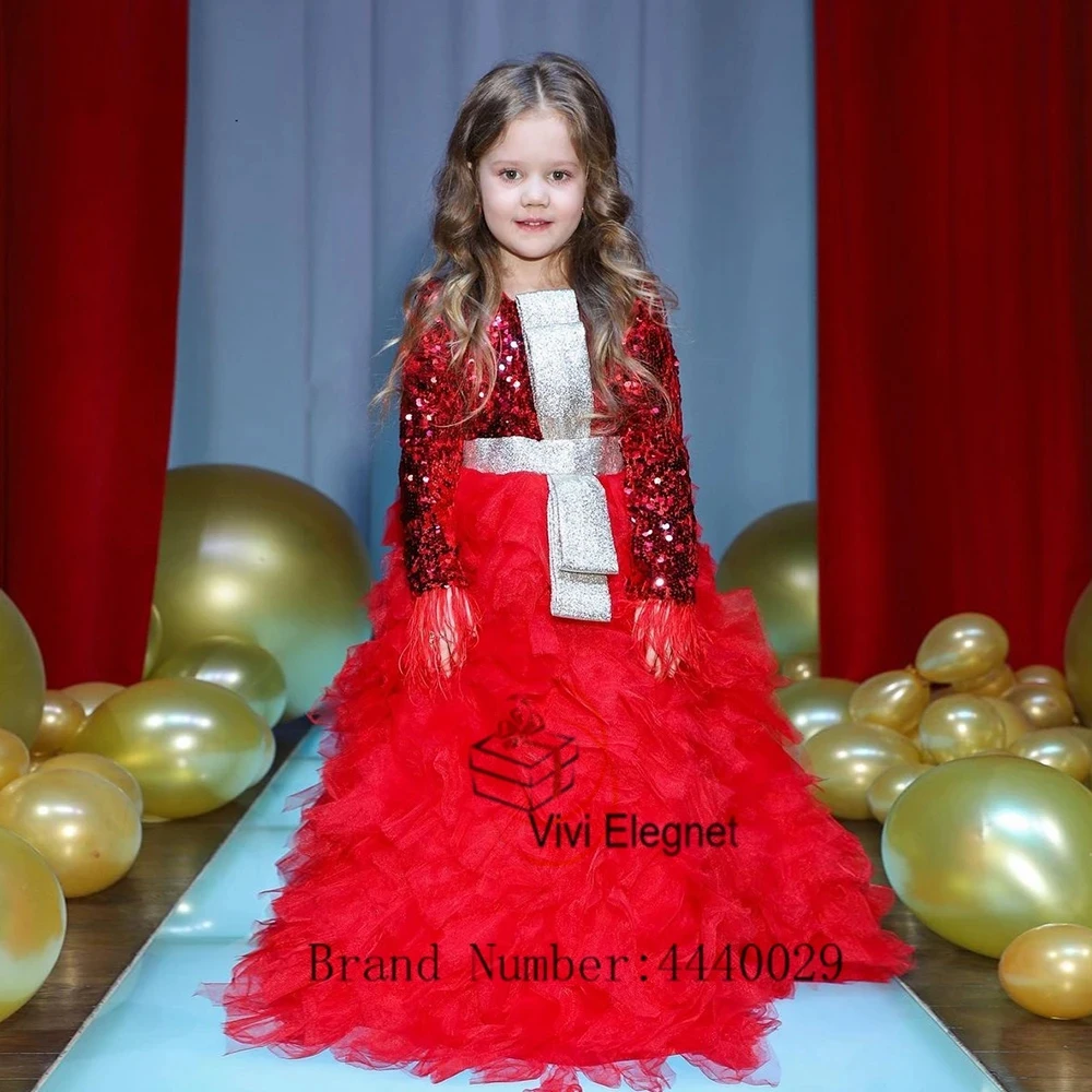 

Exquisite Red Flower Girls Dresses with Sequined 2024 Summer Full Sleeve Scoop Wedding Party Dresses New Tiered فلور فتاة اللباس