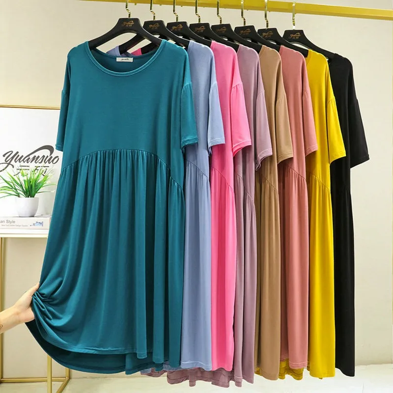 Modal draped dress short sleeves Summer Loose expansion dresses Casual sleepdress women\'s homewear nightdress solid color