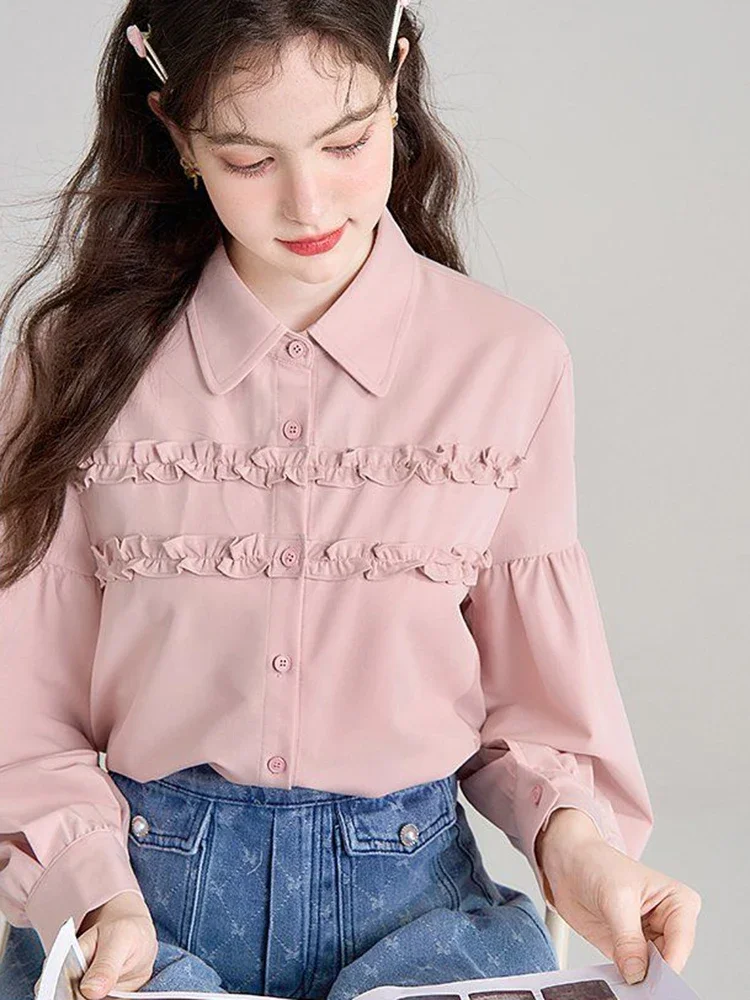 

Sweet Ruffles Pink Shirt Women Long Sleeve Korean Elegant Blouse Casual Vintage Spring New Female Design Solid Retro Tops