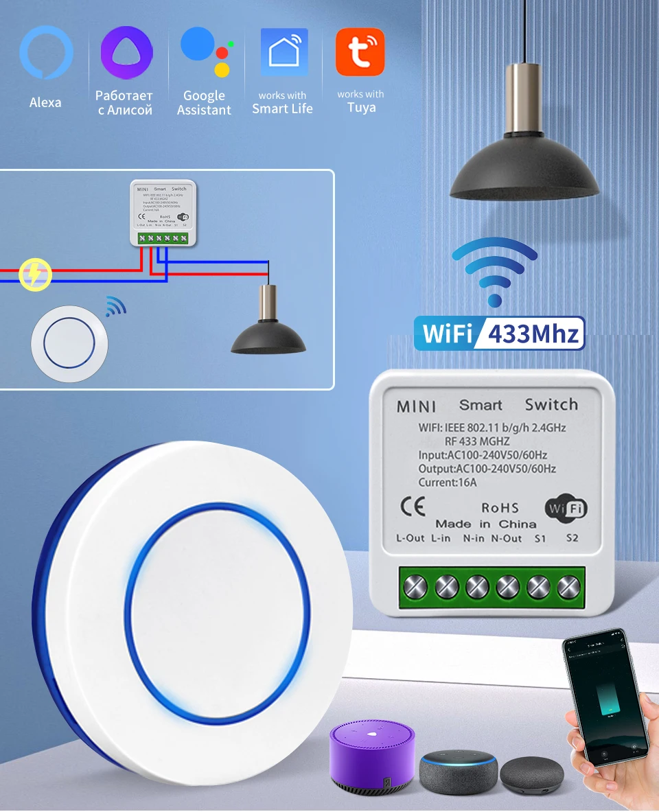 Tuya WiFi Smart Licht Schalter 16A 433MHz Drahtlose Fernbedienung Relais Controller Sprachsteuerung Funktioniert Mit Alexa Google Hause – Detail 1