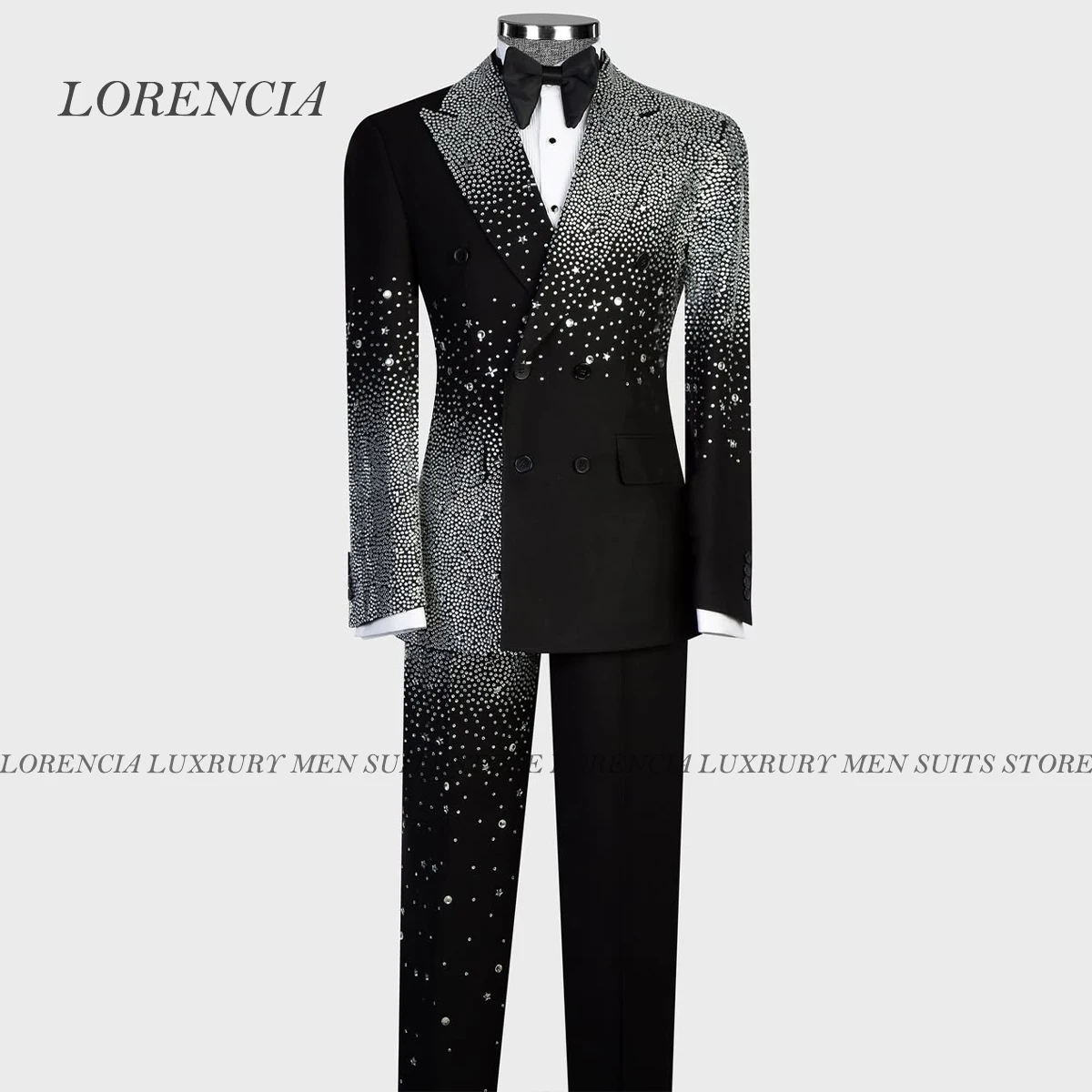 

Customized Double Breasted Crystals Men Suits Wedding Shawl Lapel ropa hombre 2 Piece Sets Groom Blazers Jacquard Party Tuxedo