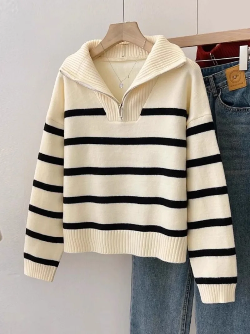 Women Fashion Loose Striped Asymmetry Knitted Sweaters Vintage Long Sleeve Zip-up Female Pullovers Chic Knitwear Tops 2024