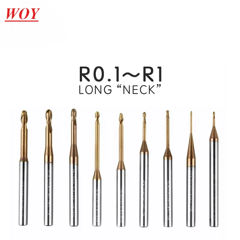 WOY Micro Ball End Mill Long Neck Carbide CNC Small Mini Rib Deep Machining Cutter R0.1 R0.75 R1.5 Tool for Steel Metal