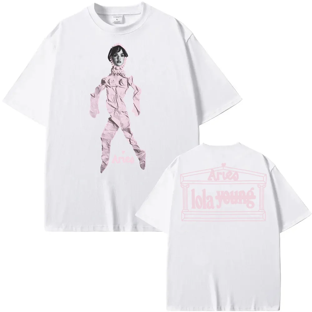 آريس X لولا يونغ بلاك دول طباعة تي شيرت لولا يونغ الصيف روك كم المتضخم 100% ملابس علوية من القطن الملابس الجولة الرقبة للجنسين بلايز #2