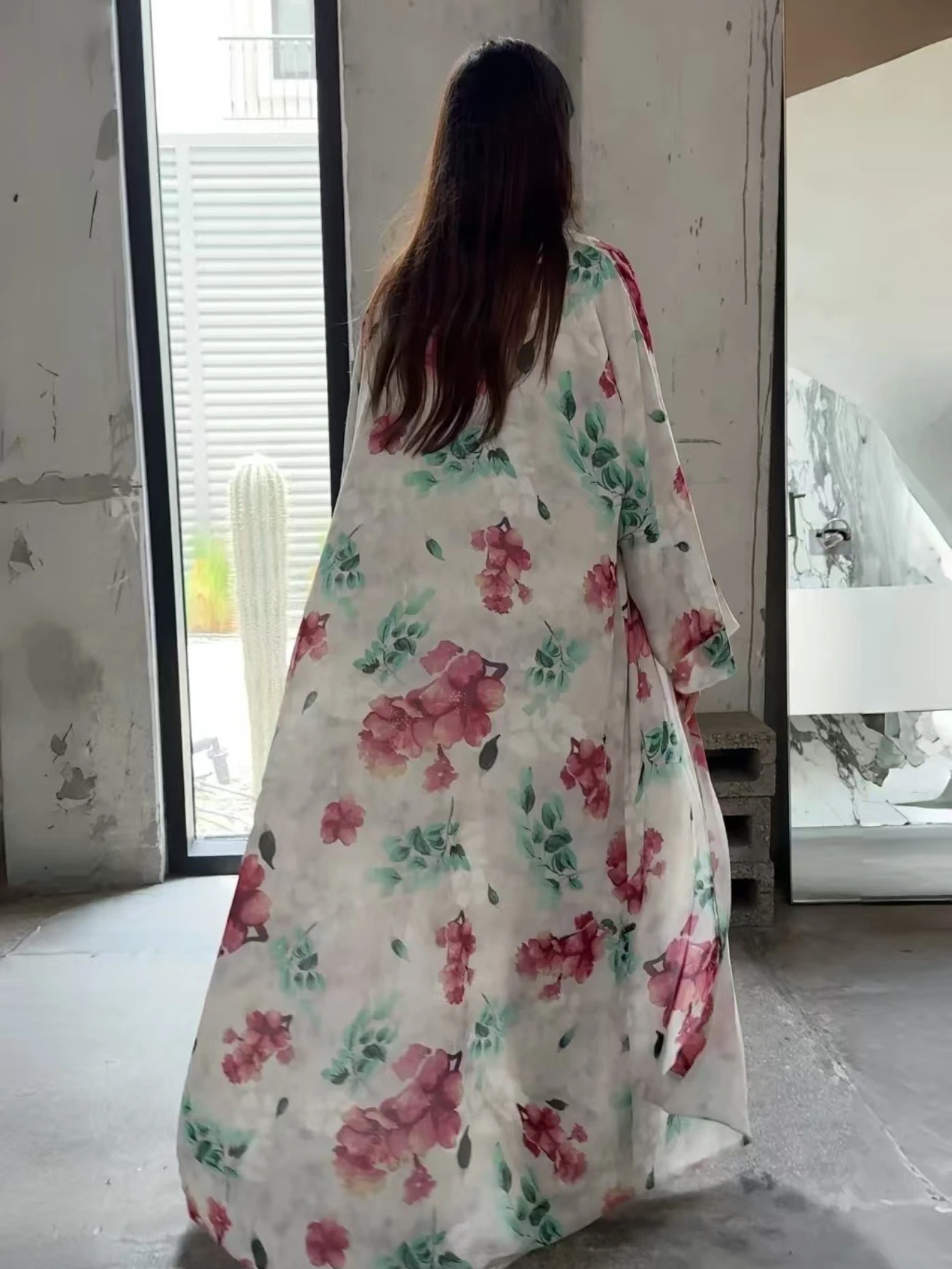 Middle Eastern Printed Floral Abaya+Hajib 2pcs Muslim Women Loose Open Front Abayas Full Sleeve Kaftans Maxi Dresses Jilbabs