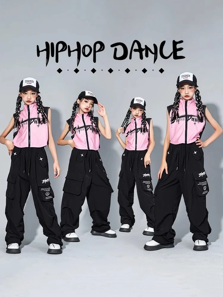 

Модная танцевальная одежда в стиле хип-хоп для девочек Kpop, розовые топы, черные брюки, летний костюм для джазовых танцев, групповая сценическая одежда BL16450