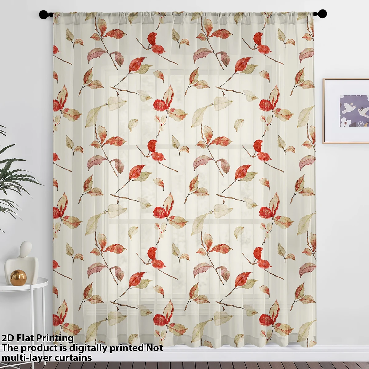 Warm-Toned Autumn Leaf Sheer Curtain - Retro Autumn Style Rod-Pocket Sheer Curtain, Ambient Decorative Sheer Curtain for Living