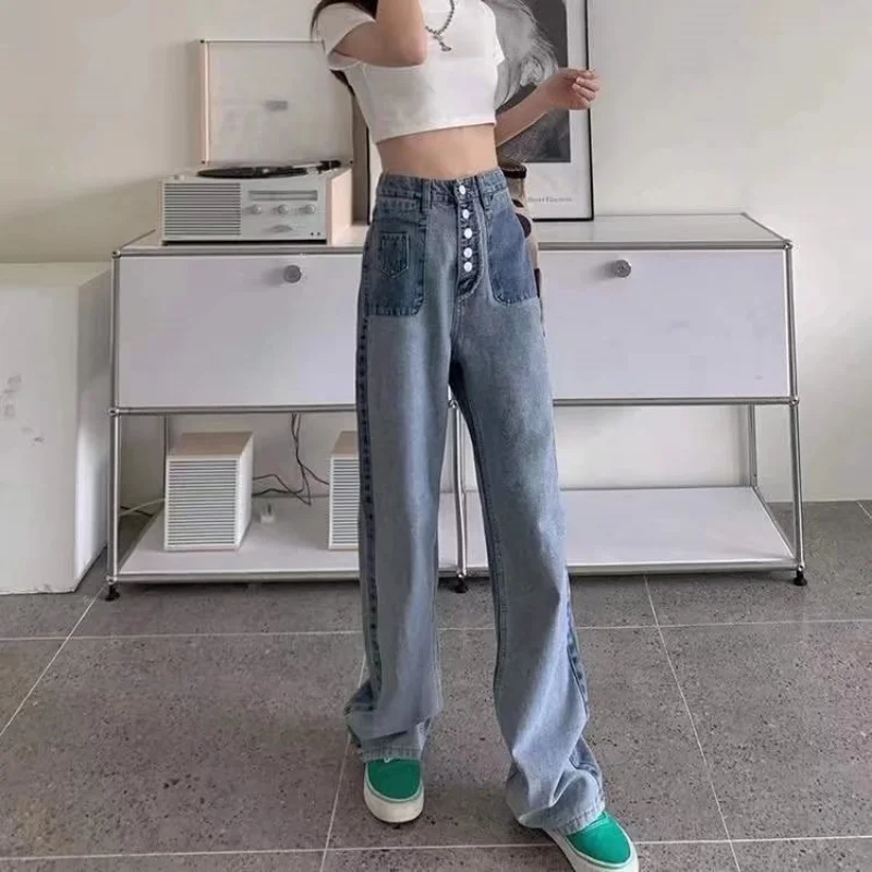 Women Large Size Autumn Denim Pants Waist Korea All Match Slender Jeans Female New Fashion Ankle Length Solid Straight Trousers