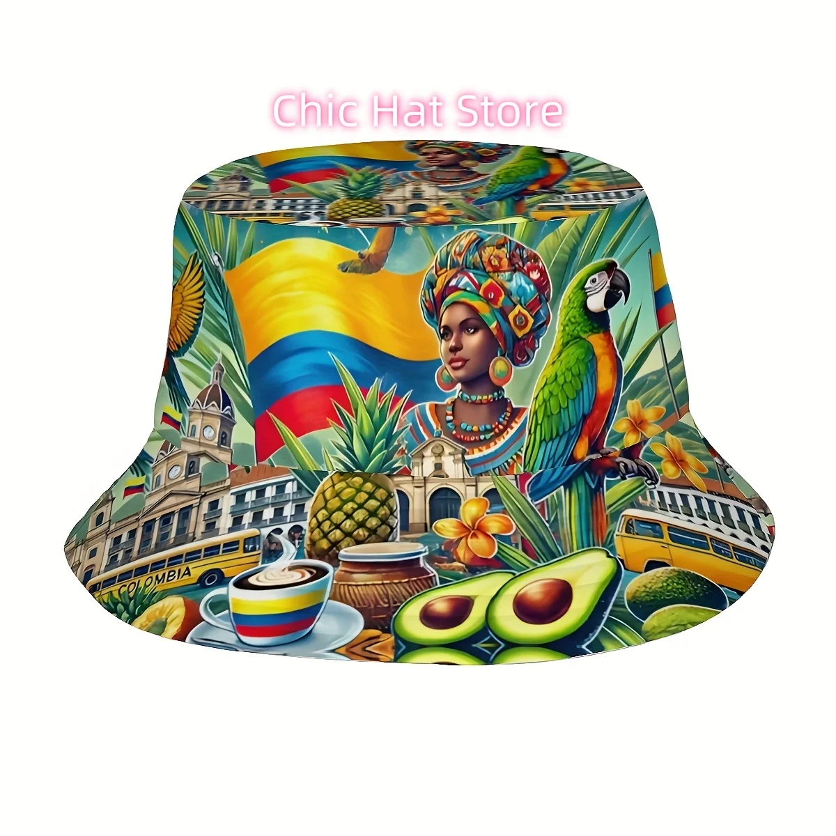 1pc of a Colombian Flag And Parrot Design, Featuring a Palm Leaf Motif (2) Unisex Printed Fisherman'S Hat, Trendy Hat with