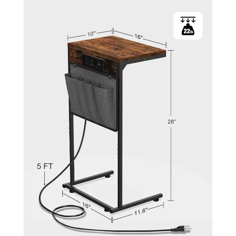 C Shaped End Table with Charging Station, Small Couch Side Table with Storage Bag, Power Outlet and USB, Sturdy Slide Under Sofa