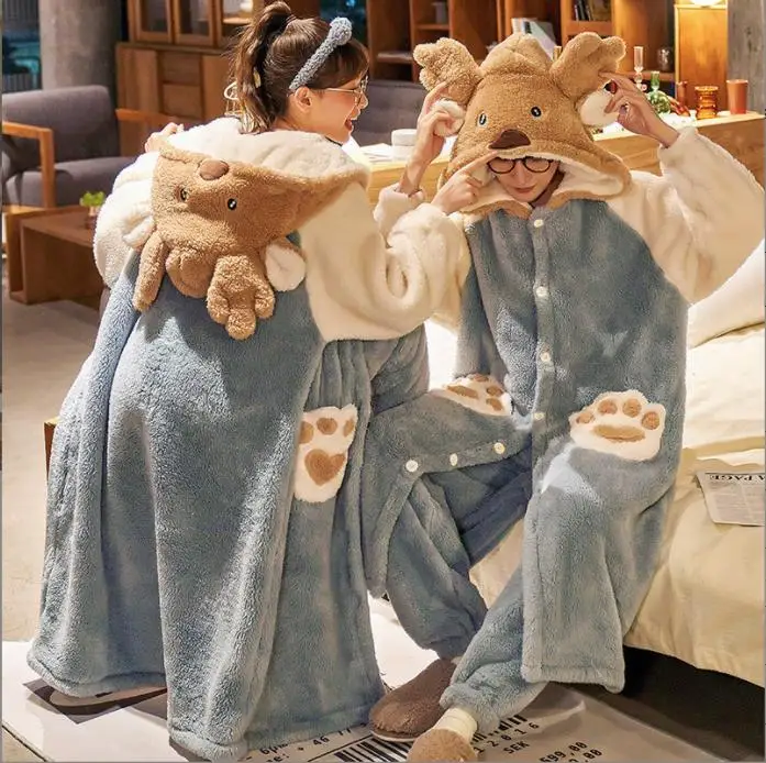 Couple Coral Velvet Pajamas Set Men Sleep Robe&Pants Sleepwear Nightgown Women Cute Cartoon Dinosaur Pijamas--price only 1 PC