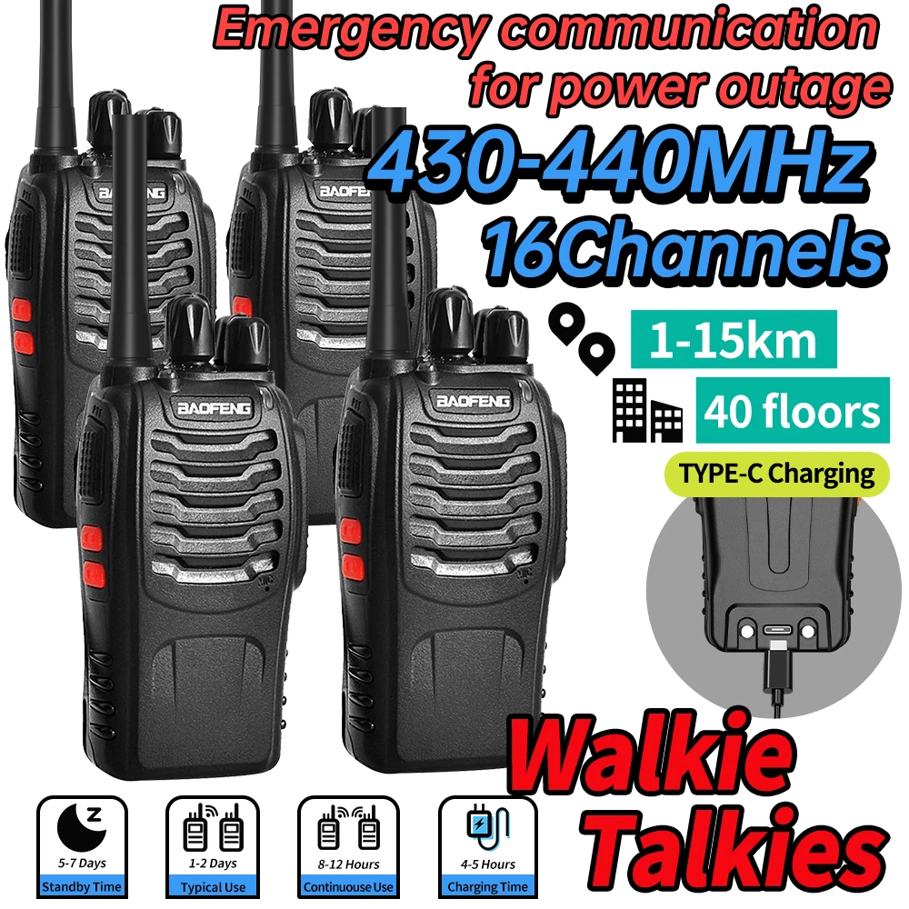 2/4 Stuks Baofeng Walkie Talkie Upgrade BF-888S Plus Long Range UHF 430-440MHz Type-C Charging Emergency Home Contact for Power