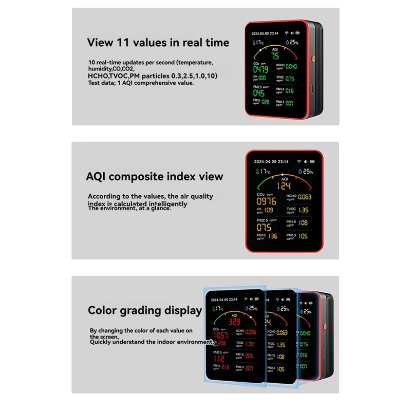 Luftqualitätsmonitor 15-in-1 Tuya WIFI wiederaufladbarer digitaler Luftqualitätsdetektor für den Haushalt CO2/CO/TVOC/HCHO/PM2.5/Temp/Humi für
