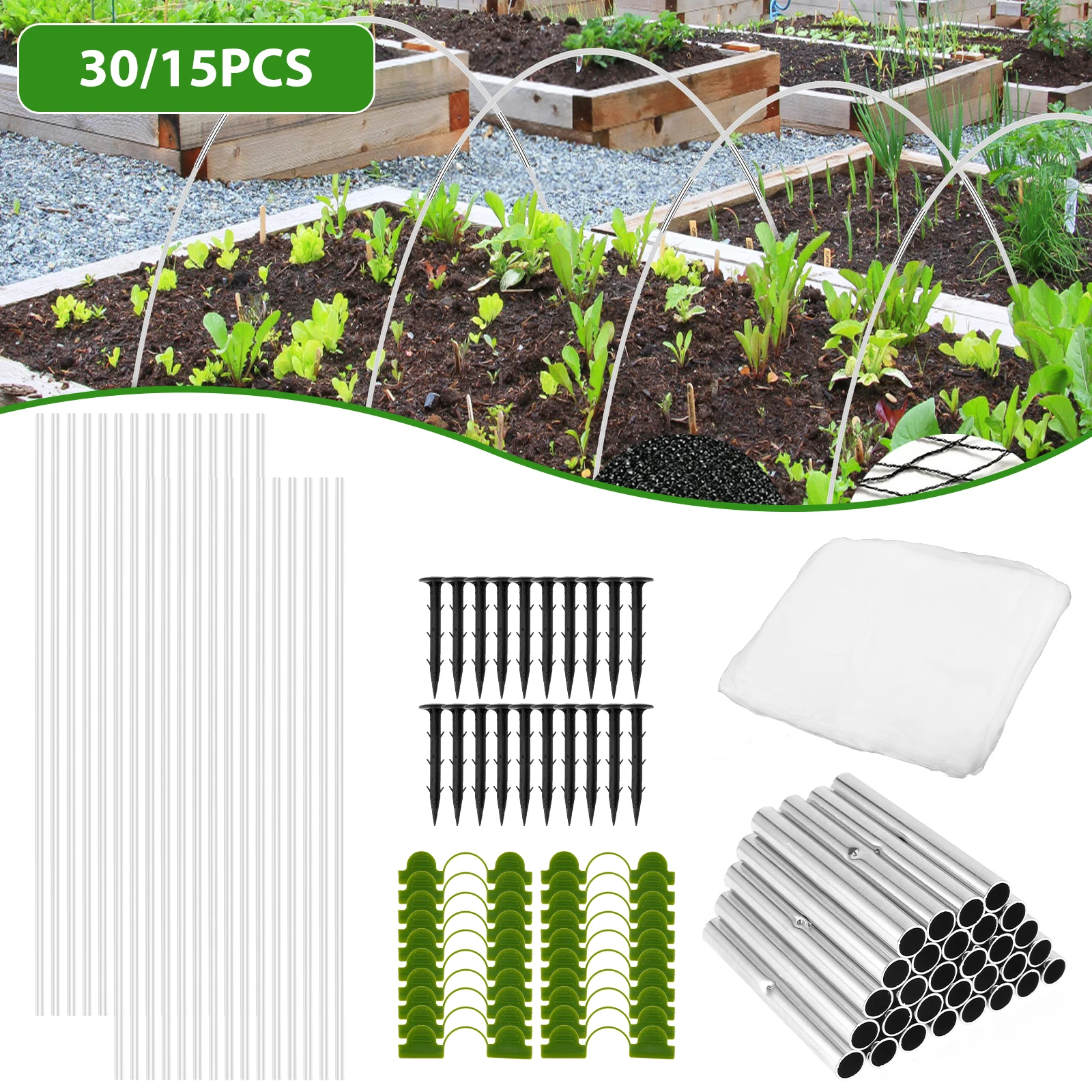 

30pcs/15pcs Greenhouse Hoop Garden Netting Kit with Clips Easy to Install Garden Mesh Netting Kit Bendable Greenhouse Hoops Wide