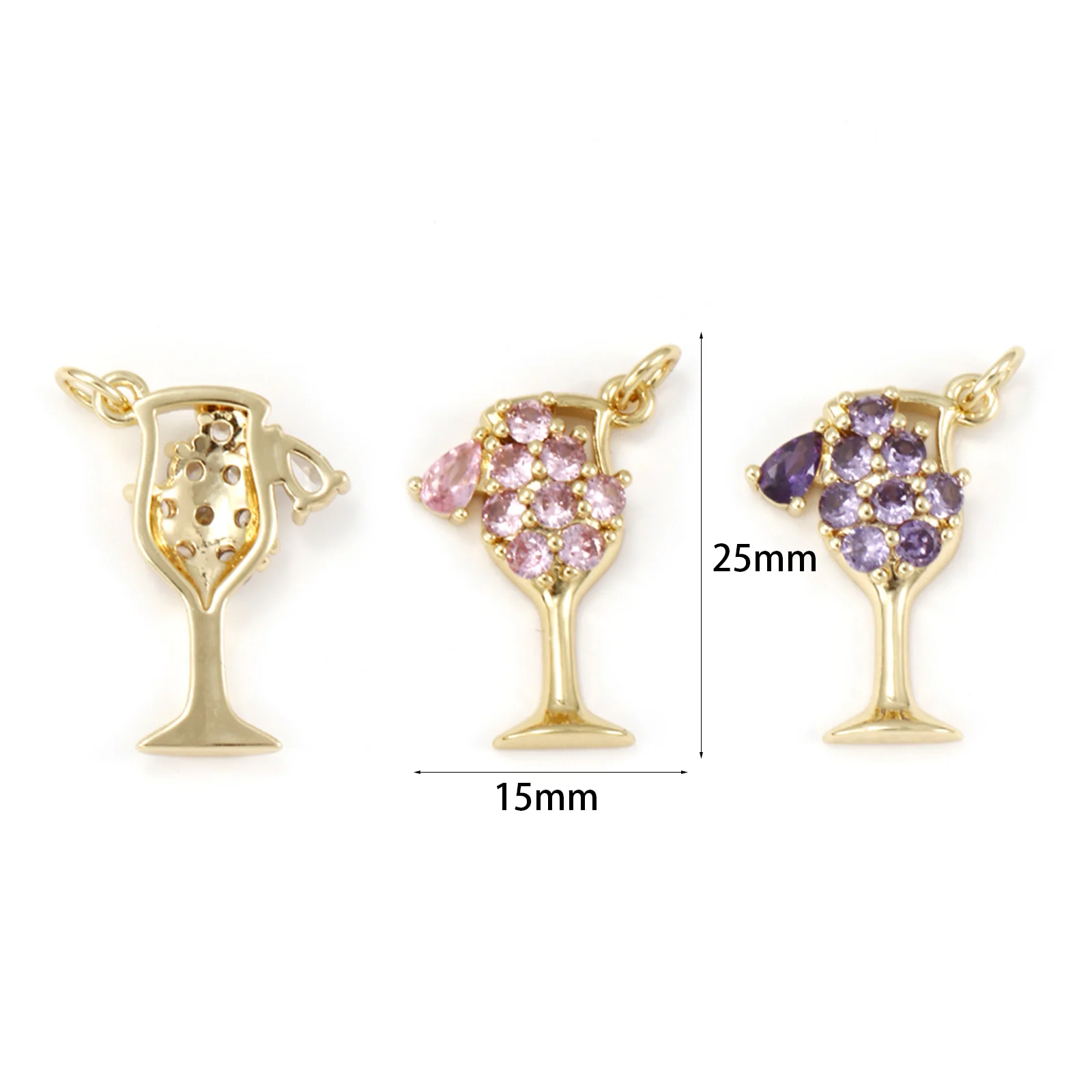 1Piece Brass Charms 18K Gold Plated Wine Glass Hollow Multicolour Cubic Zirconia Pendant For DIY Neckalce Jewelry Making 25x15mm