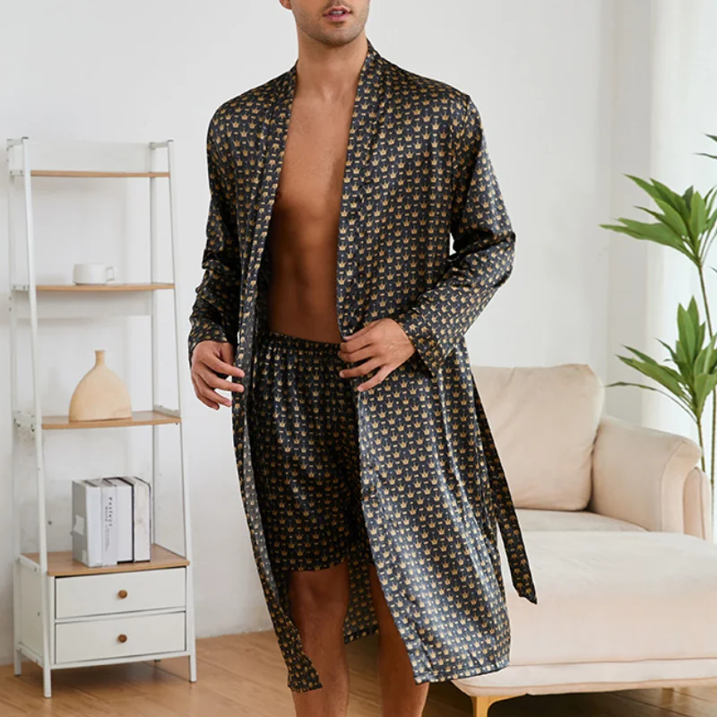 Men's Ice Silk Sleepwear Kimono Bathrobe Gown Long Robe Pajamas Two Piece Set Print Tiger Loose Casual Homewear Lounge Wear