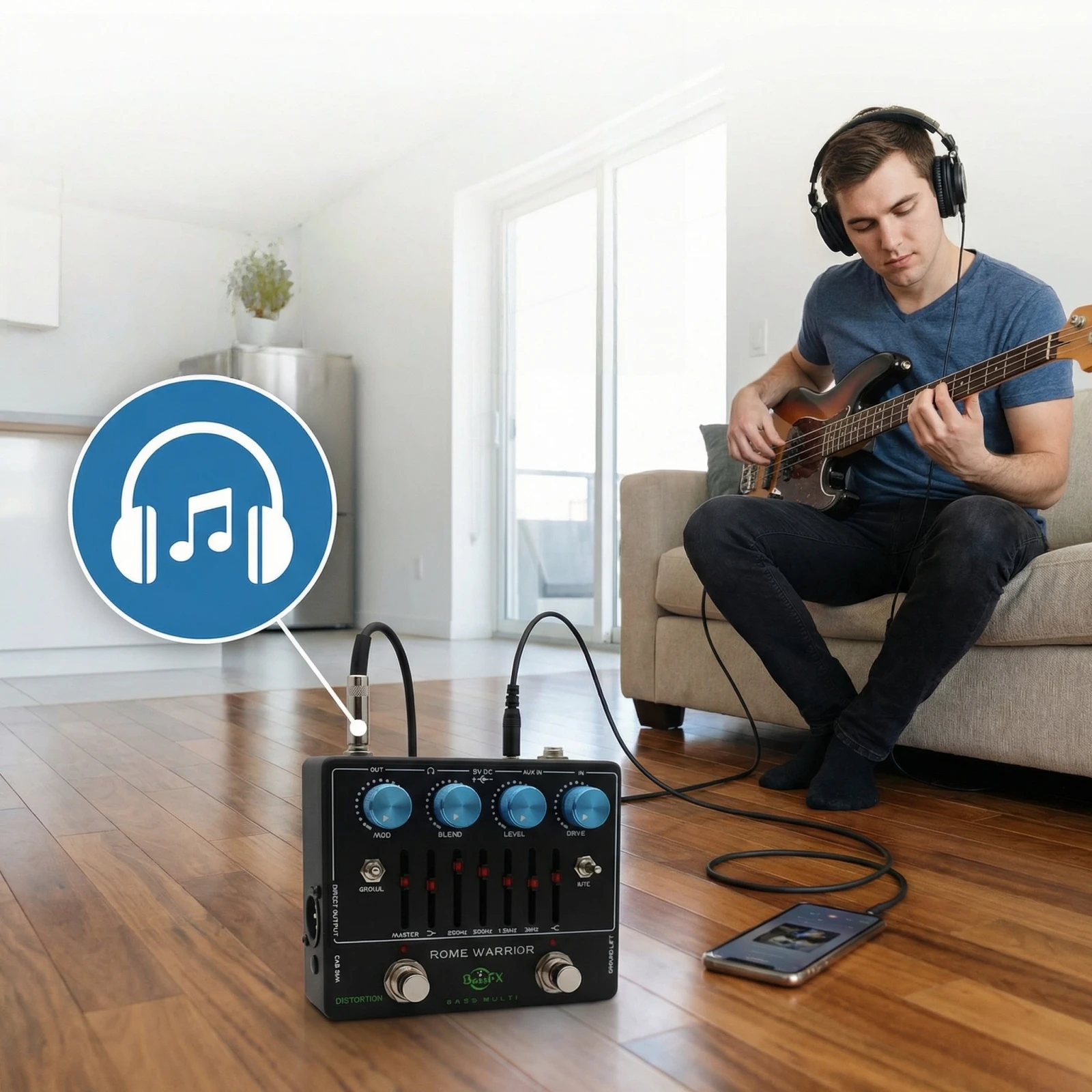 Fanmuzk Rome Warrior Analog Bass Preamp Pedal with 6-Band Graphic EQ Headphone Jack And Aux-In Input for Electric Bass Effect
