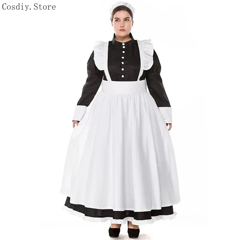 S-XXL Colonial Victorian Maid Halloween Costume Women Servant Festival Carnival Cotton Dress Housekeeper Apron Outfit For Adult