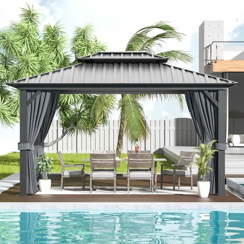 10’ X 12' Hardtop Gazebo, Galvanized Steel Double Top, Aluminum Metal Gazebo with Netting and Curtains, Permanent Pavilion