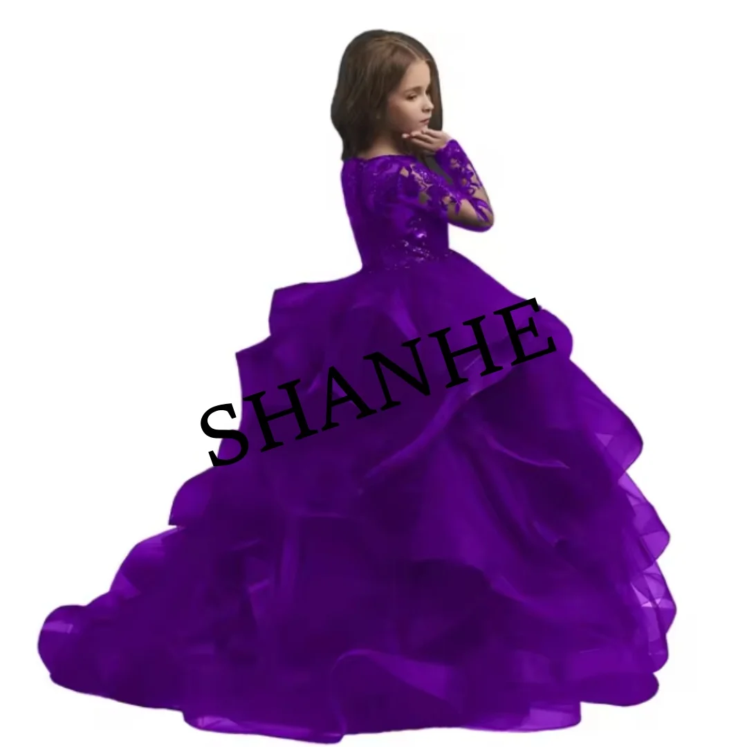 

Тюлевое платье с цветочным узором для девочек по индивидуальному заказу на свадьбу, расшитое блестками кружевное пышное платье принцессы для маленьких девочек с длинными рукавами для дня рождения Ba