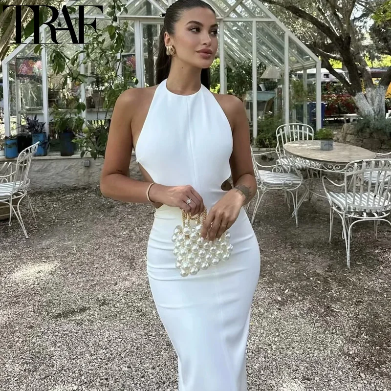 TRAF Halter Cut Out Dress donna Off spalla aderente abito lungo donna Sexy Backless Party Dresses Summer Slit elegante Midi Dress