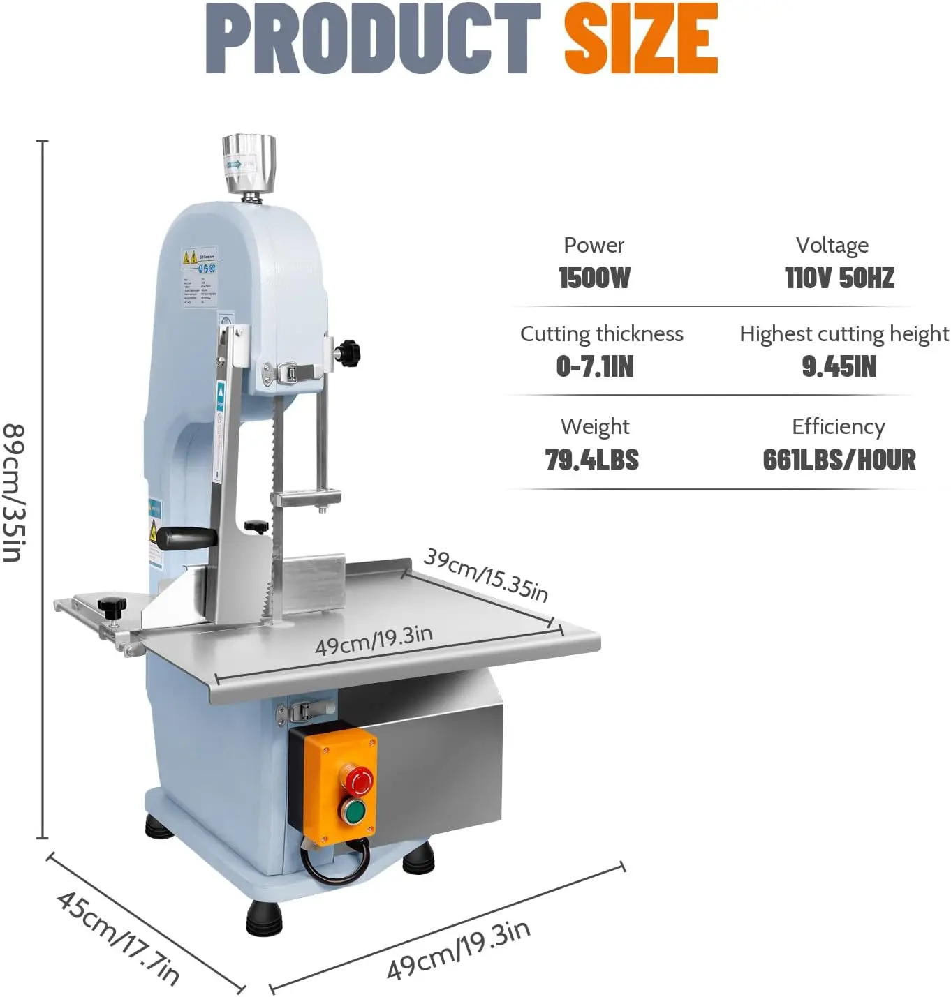 Jumtop Commercial Electric Meat Bandsaw, 1500W Countertop Bone Sawing Machine With 6 Saw Blades, 20