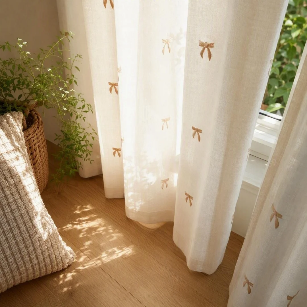 Cute Light Pink Bow Embroidery Sheer Voile Curtain, Semi‑Transparent Soft Window Drapes, Sweet Bow Pattern Curtain for Girls Bed