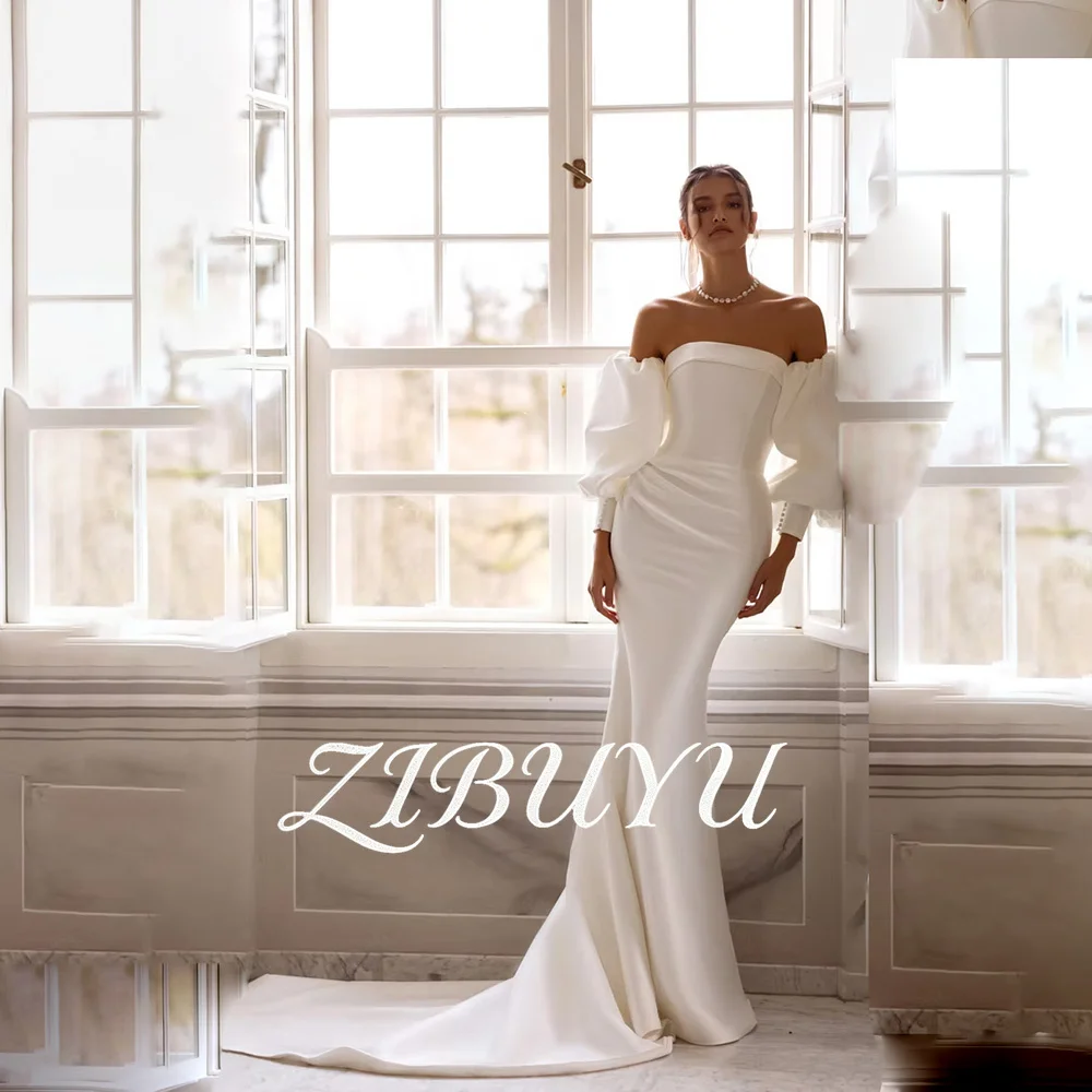 

Свадебное платье ZIBUYU на заказ: элегантное, роскошное, без бретелек, из атласа, фасон «русалка», со съемными пышными рукавами, с открытой спиной, длиной в пол