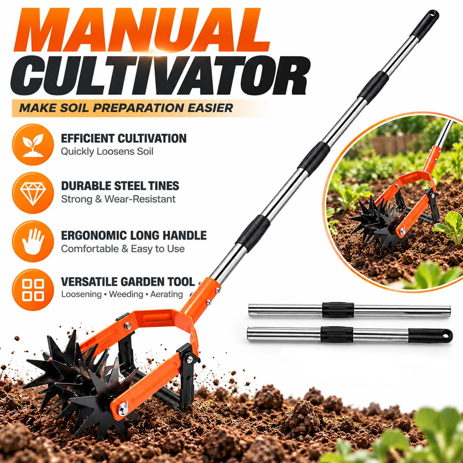 Coltivatore manuale portatile con lame in acciaio resistente, manico lungo regolabile, ideale per lavorare il terreno in giardini, ai prati e nei vivaio.