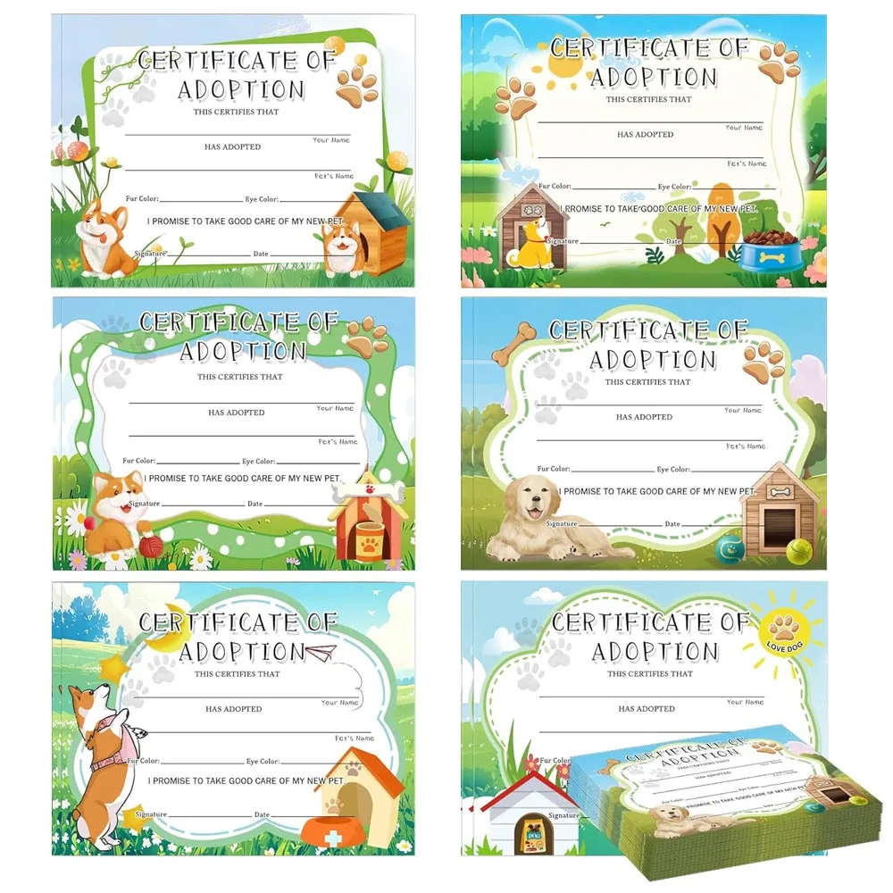 Dog Adoption Certificates 11x 8.5inch Dog Pet Adoption Card 12Pcs Animal Themed Certificates Dog Party Favors and Supplies