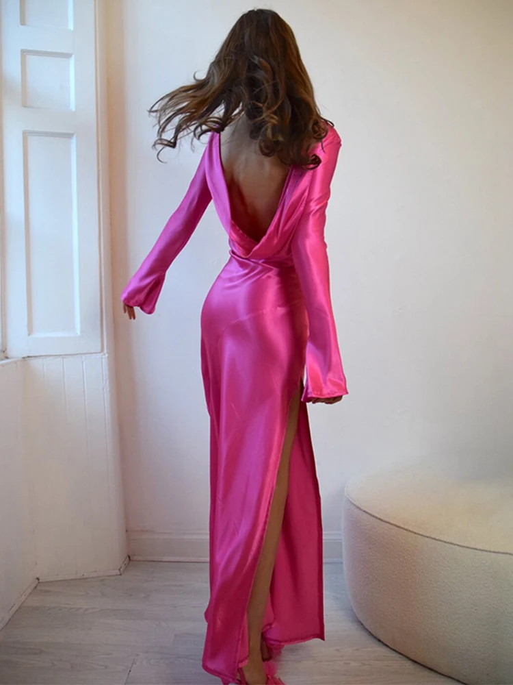 Elegant Satin Backless Dress for Women Long Sleeve Slit White Blue Pink Red Dresses Women‘s Evening Prom Party Robe Luxury Gowns