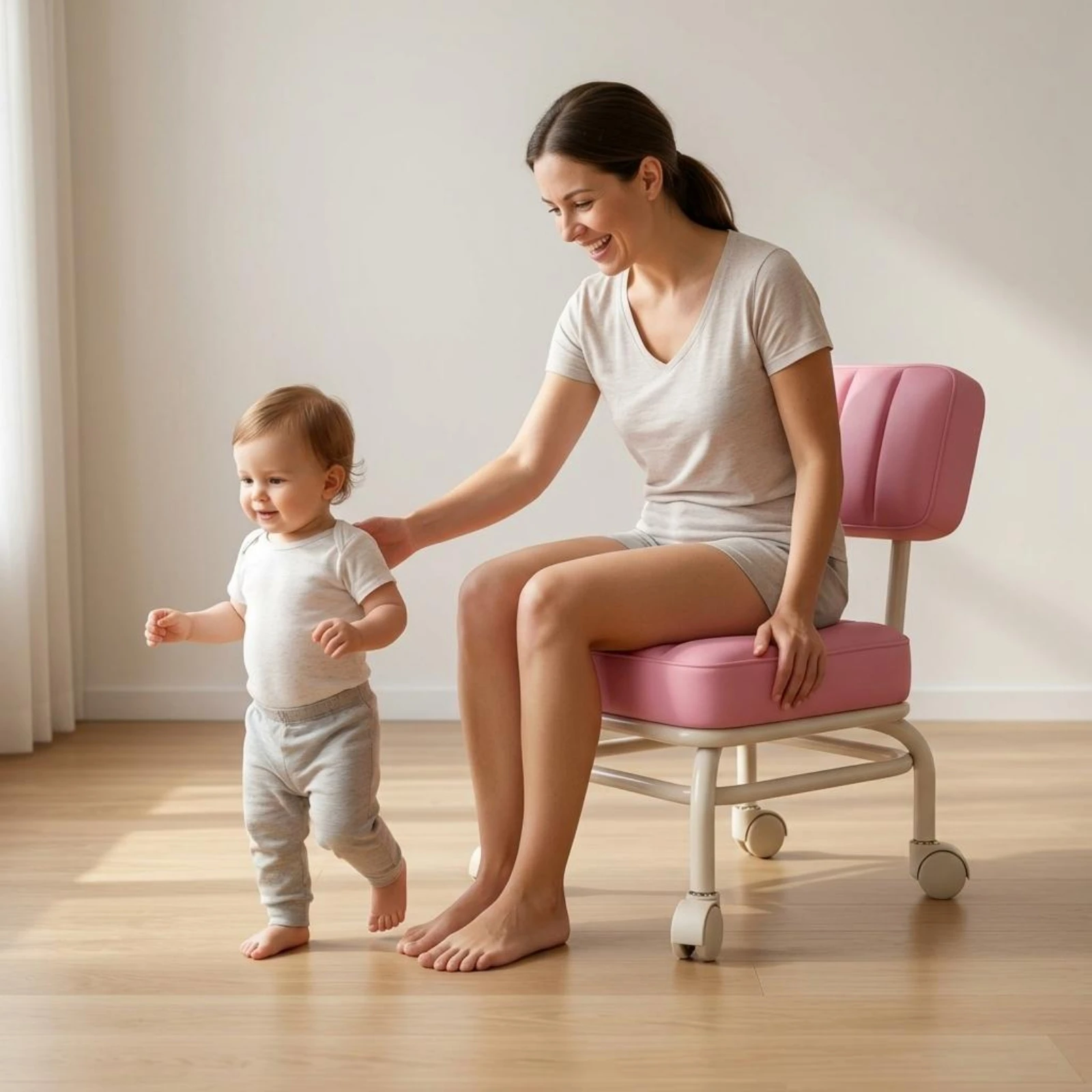 Rolling Stool Chair Channeled Upholstery Swivel Stool Chair Home Furniture Compact Slimline
