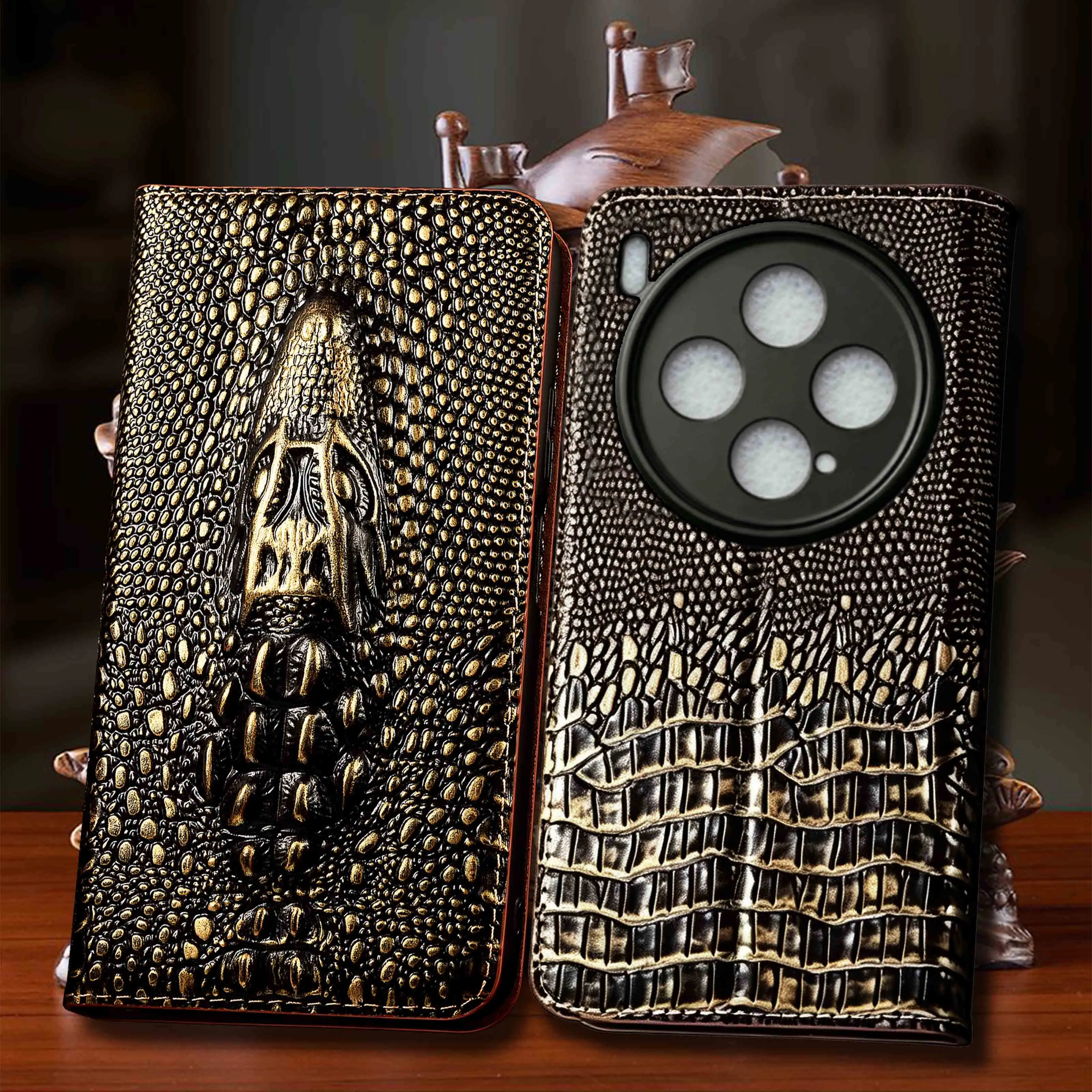 

Genuine Leather Phone Case For Vivo X100 X100S X200 X200S X300 X300S Pro Ultra FE Mini Vintage Crocodile Head Pattern Flip Case
