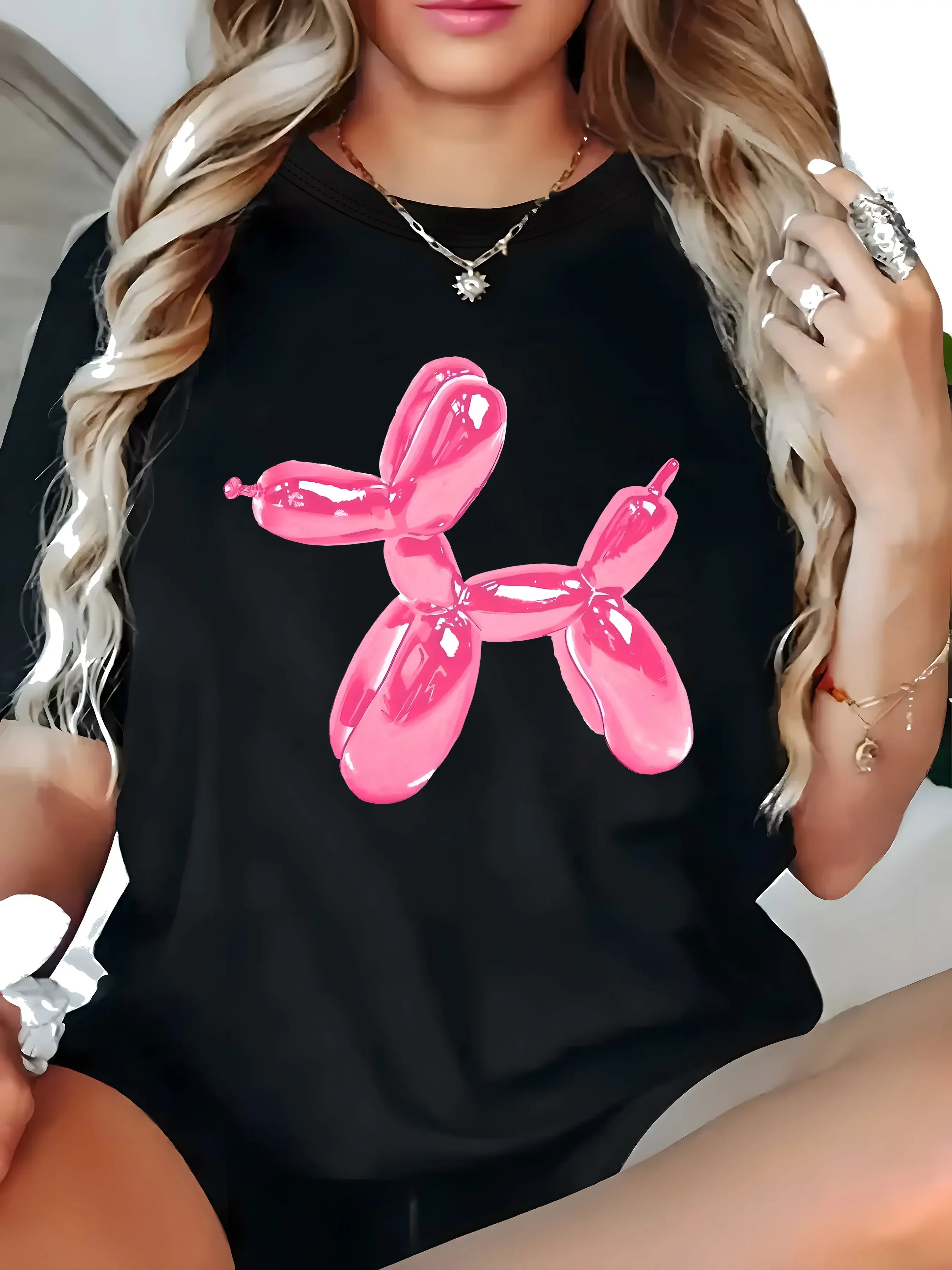Pink Balloon Puppy Print Short-sleeve T-shirt Casual and Simple Style Suitable for Women's Daily Wear and Going Out Wear