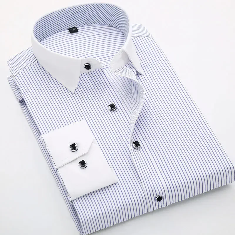 

Dress Shirts for Men Formal Non-Ironing Striped Long-Sleeved Shirt Business Slim Casual Anti-Wrinkle Male Thin Button Up Shirt