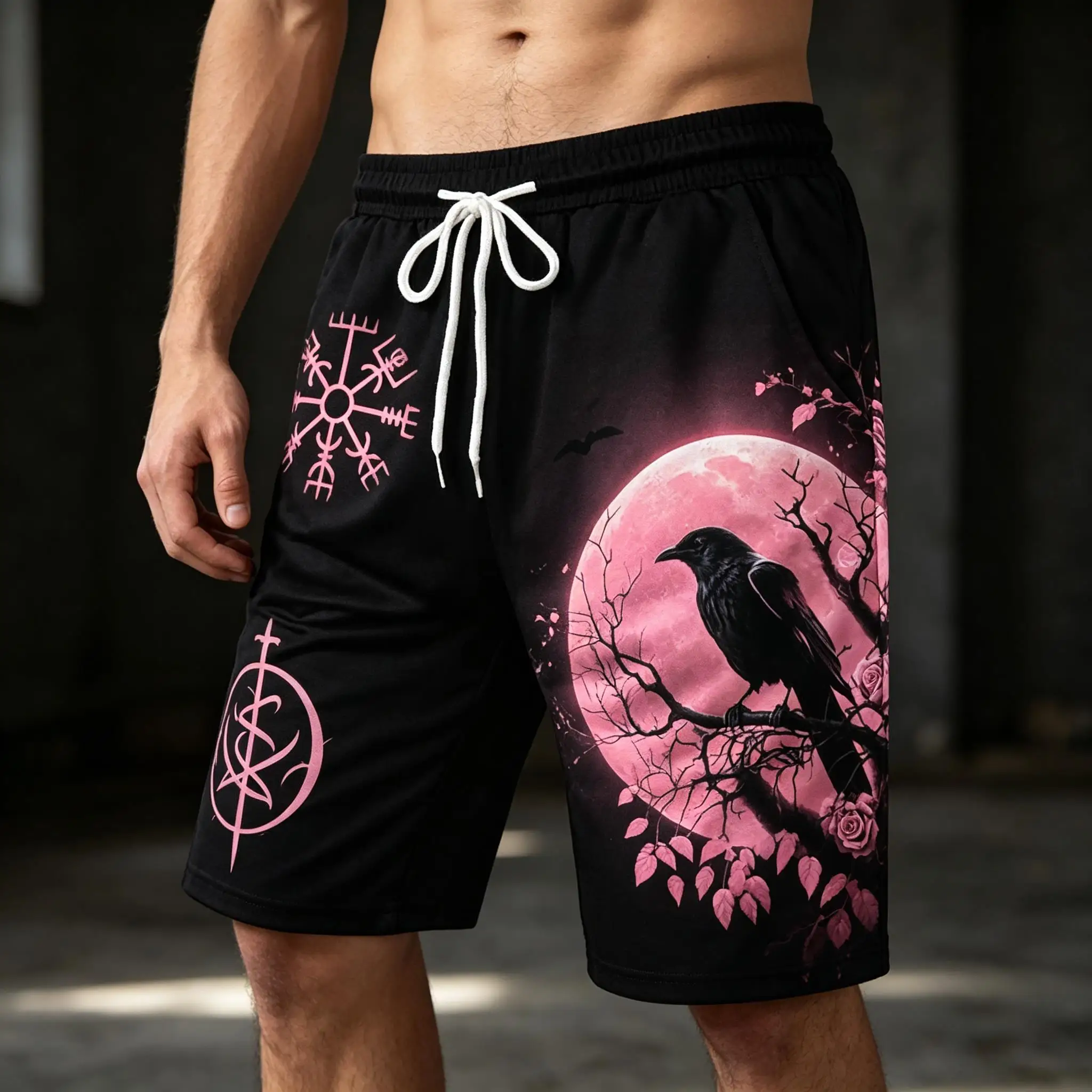 

Men's Drawstring Waist Pink Moon Raven Occult Print Casual Shorts, Gothic Bottoms For Spring Summer Daily Outdoor Vacation Wear