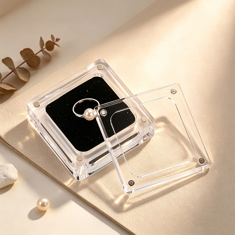 Square Magnetic Acrylic Jewelry Display Box Clear Transparent Storage Case Black Velvet Liner for Ring Earring Display Holder
