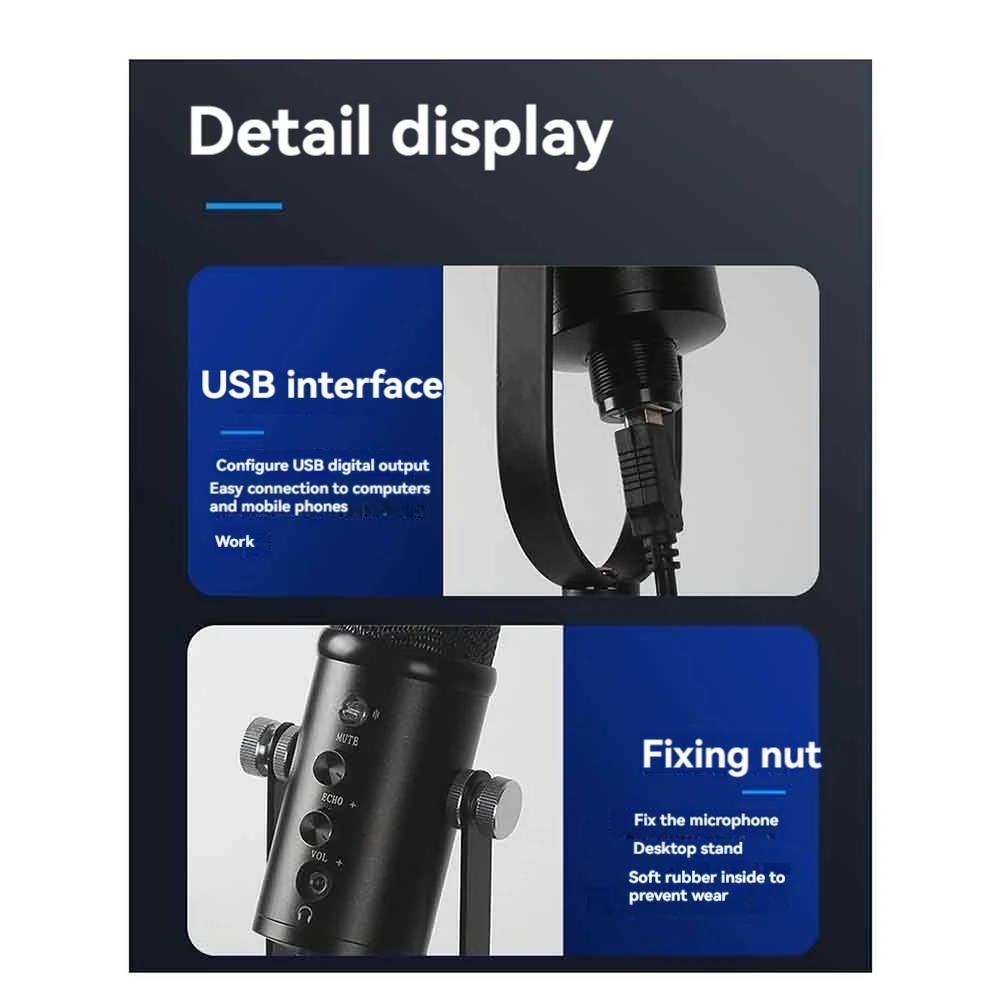USB-микрофон, профессиональный студийный микрофон Plug Play с подставкой для игр, онлайн-чат, видео, голосовая передача