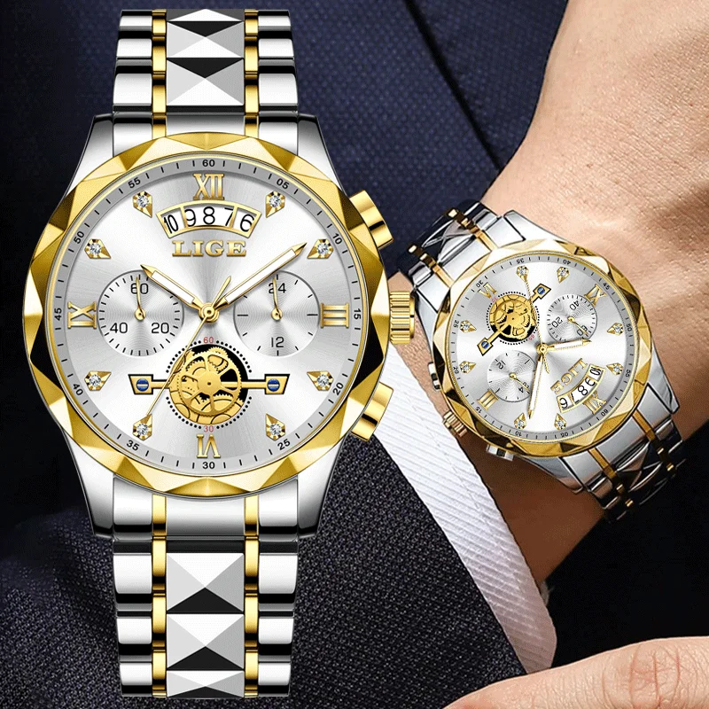 LIGE Sports Mens Watches Gold Flywheel Skeleton Dial Quartz Watch Men Waterproof Luminous Chronograph Men's Watches Clock Reloj