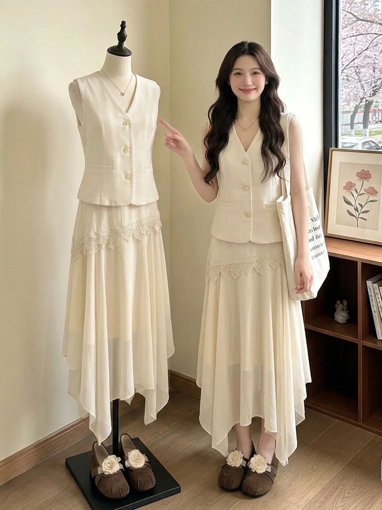 

Large Size Women's Summer Fashion Set with Asymmetrical Skirt And Vest Vintage Style Midi Dress Sleeveless V-Neck Commute Style