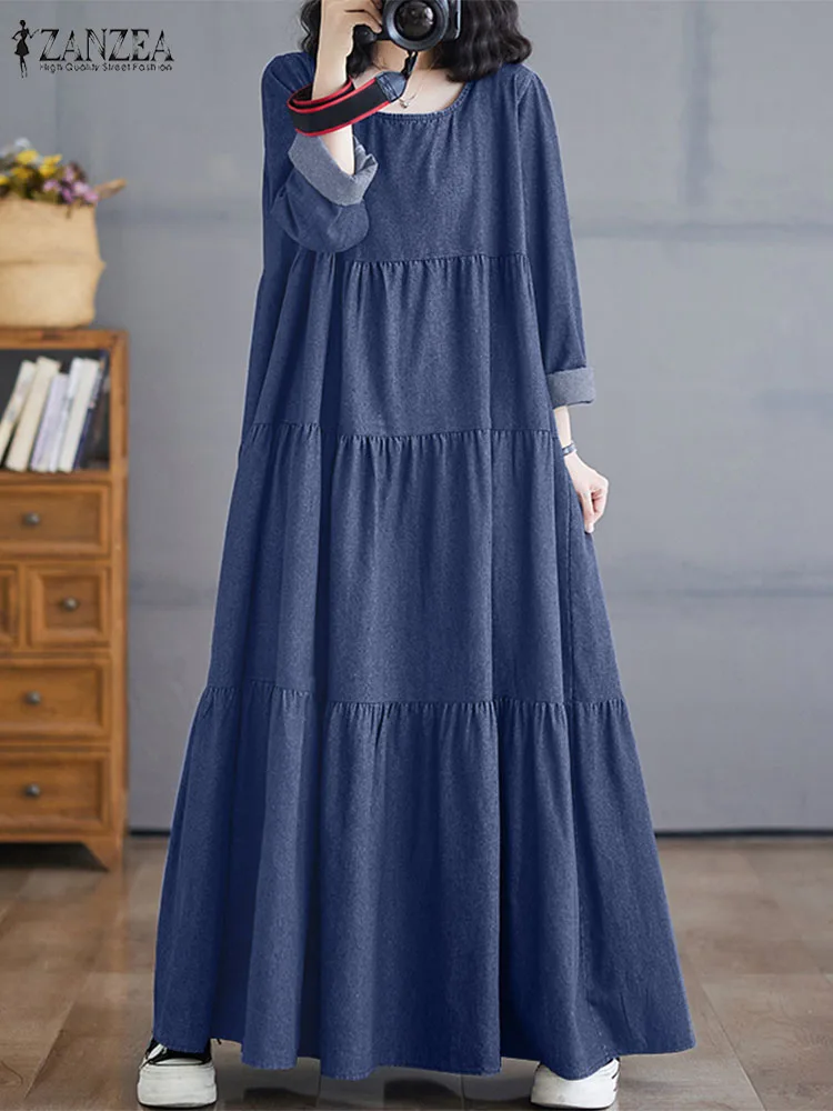 2025 ZANZEA Women Spring Vintage Long Sleeve Ruffles Maxi Dress Autumn Solf Denim Sundress Casual Loose Solid Vestido Robe Femme