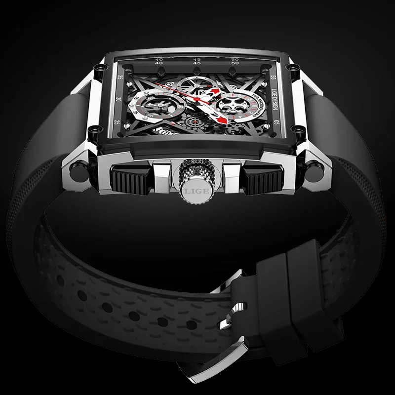 LIGE Fashion Hollow Square Watch Men Top Brand Luxury Silicone Sports Men\'s Quartz Wristwatches Casual Waterproof Chronograph