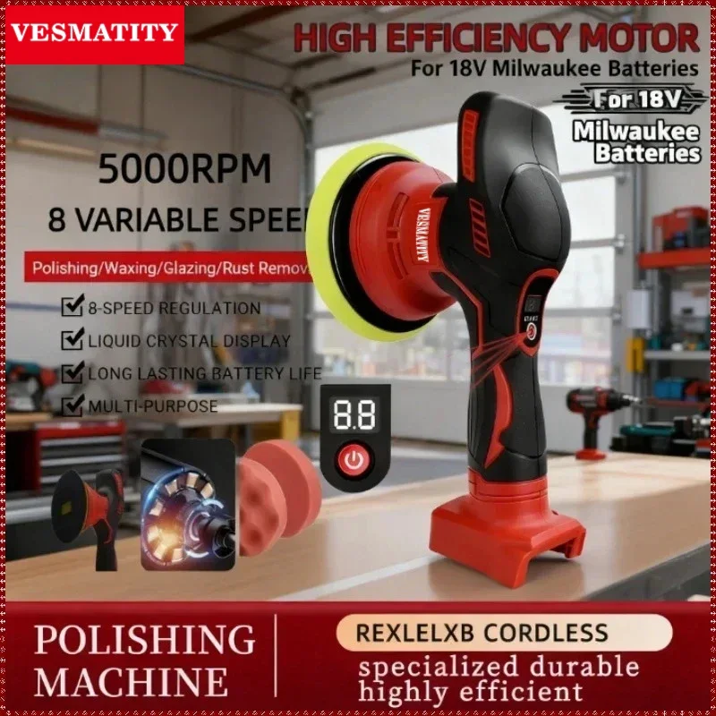 VES Cordless Polisher 8 Gears Digital Display Electric Polisher Auto Car Waxing Polishing Machine For Fit Milwaukee 18V Battery