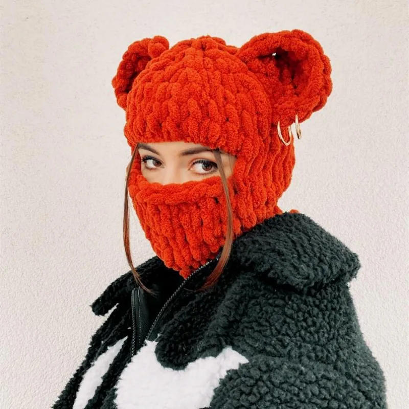 Pasamontañas de ganchillo con orejas de oso para mujer, gorro de punto circular con cadena hecha a mano, máscara de chenilla de fiesta, gorros cálidos, gorro de protección para las orejas