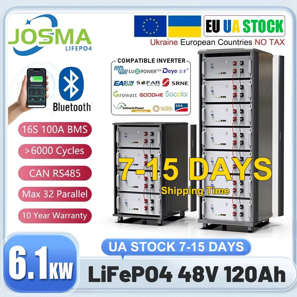 LiFePO4 48 В 120 Ач 6 кВтч Аккумулятор 6000 циклов Bluetooth Smart BMS 51,2 В 100 Ач 150 Ач 200 Ач 12 В 24 В Литиевая батарея EU UA NO TAX