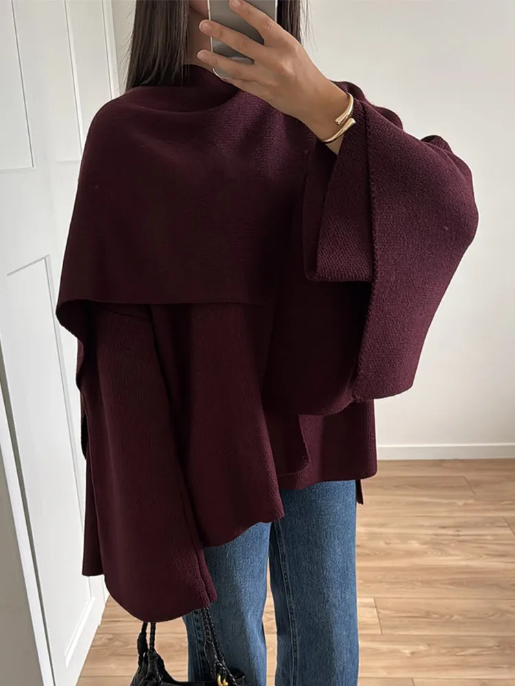 Pullover lavorato a maglia con colletto a sciarpa bordeaux elegante da donna Maglione allentato a maniche lunghe solido alla moda Capispalla caldi femminili chic autunnali