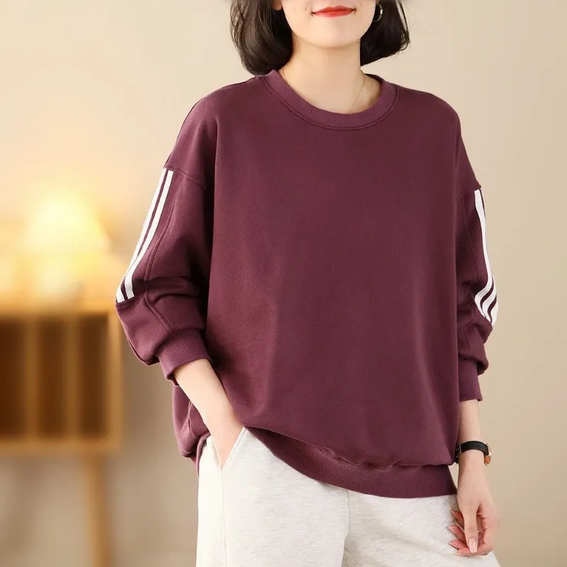 Trendy Striped Contrast Color Crew Neck Lantern Long Sleeve Women\'s Clothing Pullover Fashionable Casual Spring Autumn Tops